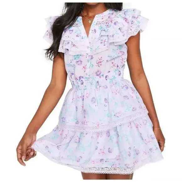 Love Shack Fancy Mini Dress cotton Y2K Purple Floral Ruffle Tiered Small A004723 - Picture 1 of 9